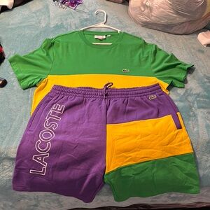 Lacoste Green and Yellow T-Shirt with Purple Shorts